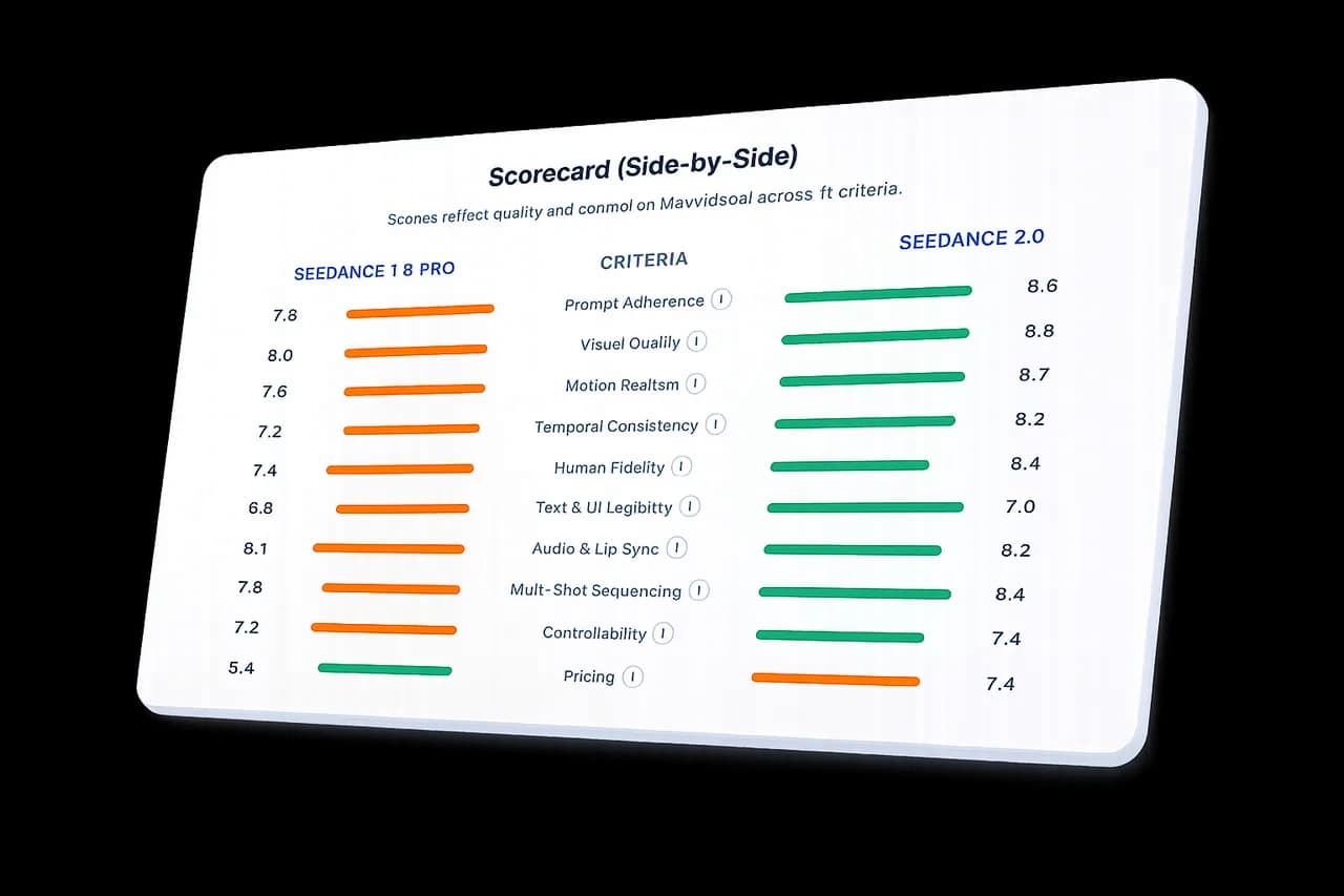 Side-by-side AI video model scorecard comparing Seedance 1.5 Pro and Seedance 2.0 across prompt adherence, visual quality, motion, audio and pricing.