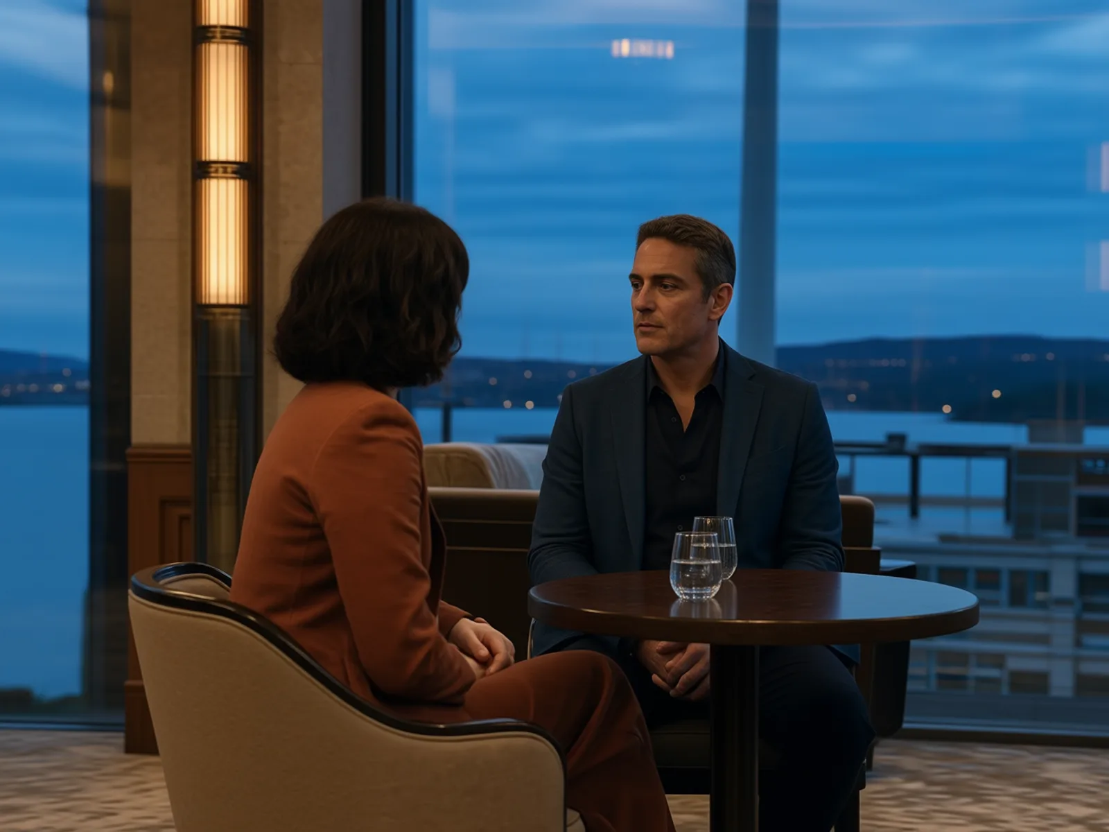 AI-generated over-the-shoulder camera angle looking past Actor A toward Actor B in the same dialogue.