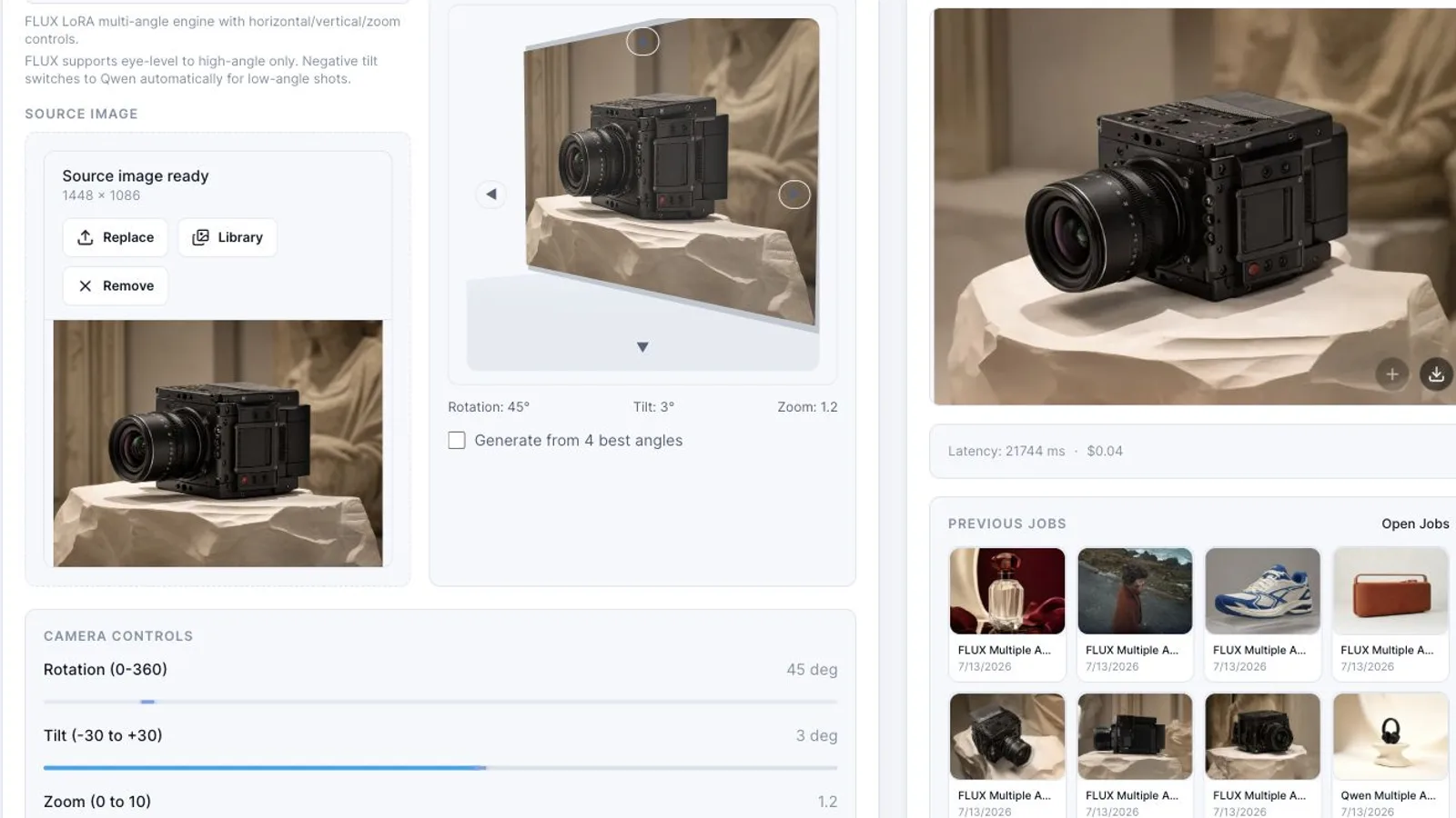 Full screenshot of the MaxVideoAI Angle workspace.