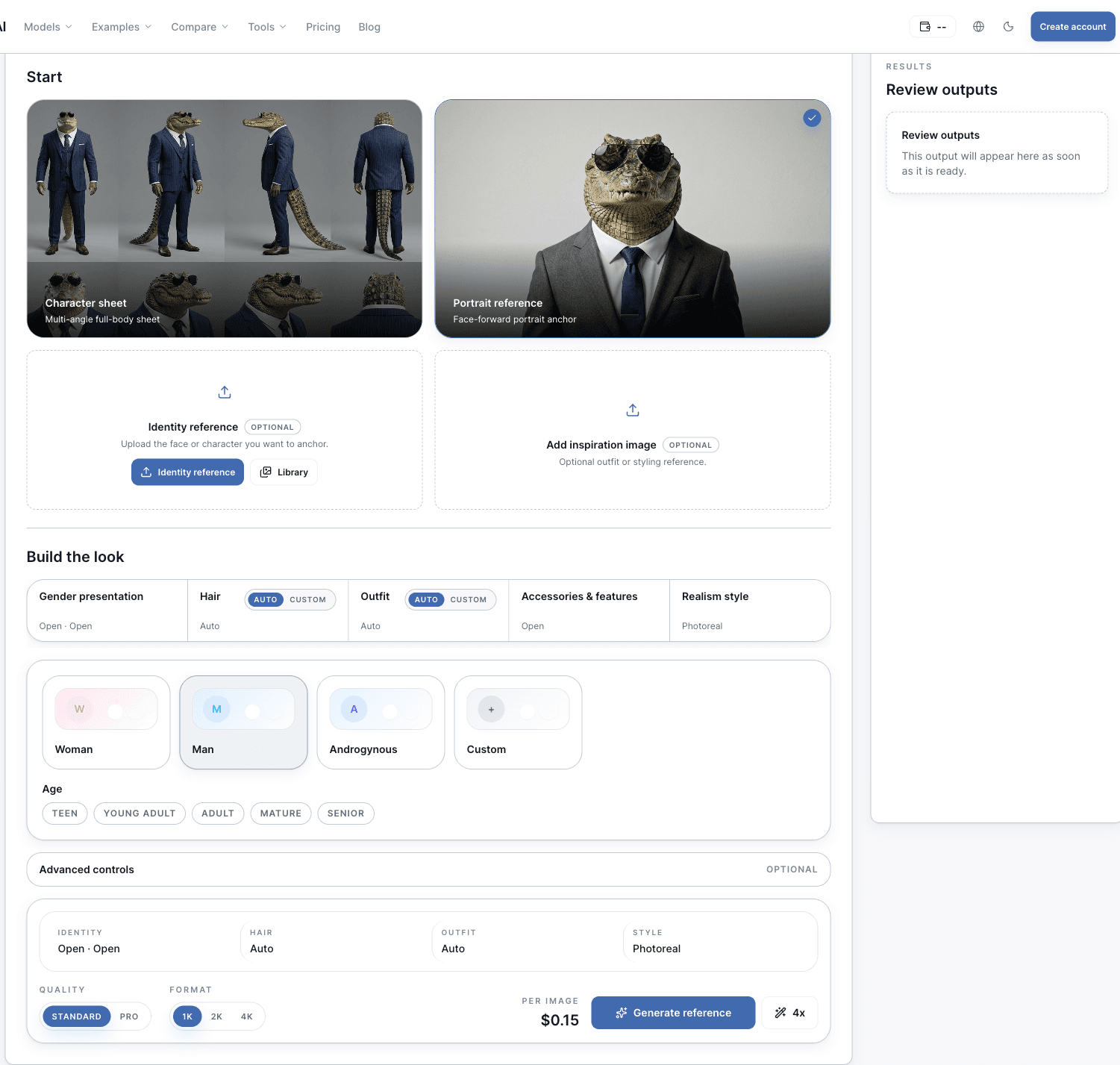 Character Builder workspace screenshot from MaxVideoAI.