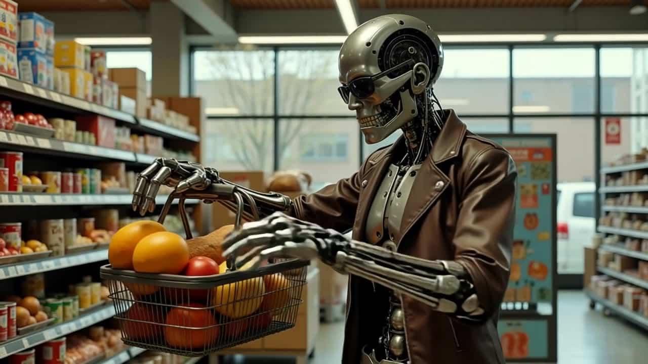 Pika 2.2 Text & Image to Video AI video example: create a terminator that is out shopping