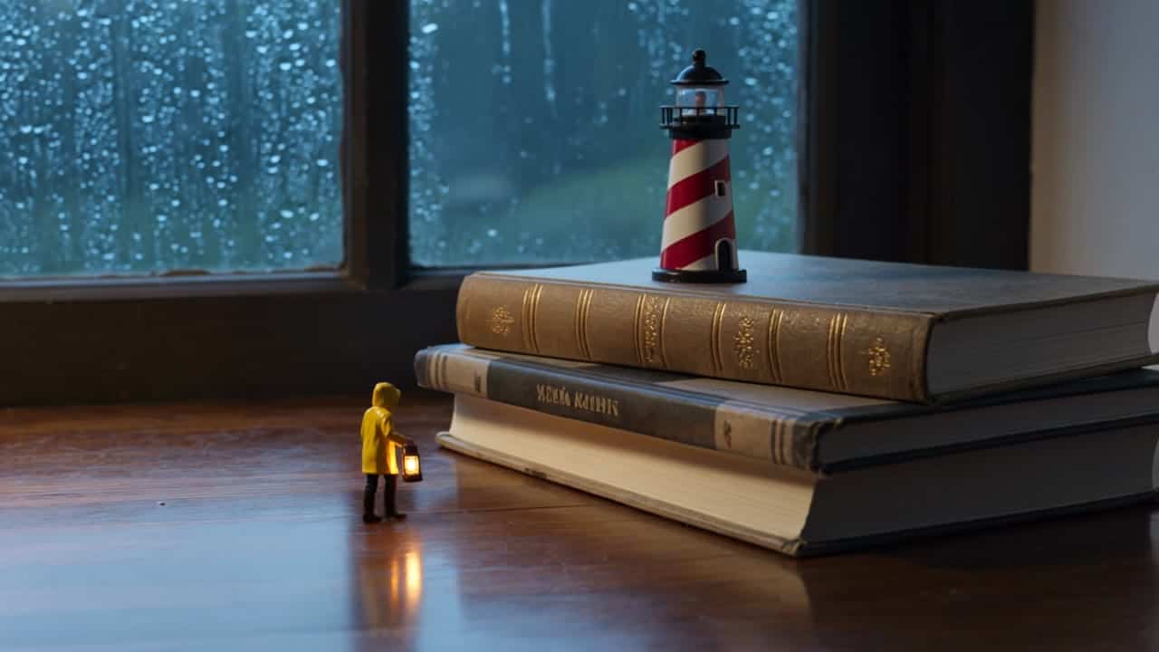 Kling 3.0 Omni Pro AI video example: Subject: A tiny lighthouse keeper no taller than a coffee cup, wearing a yellow raincoat and carryin...