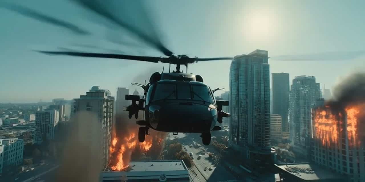 MiniMax Hailuo 02 Standard AI video example: Using the input image of the helicopter flying over a burning city in daylight, create an 8...