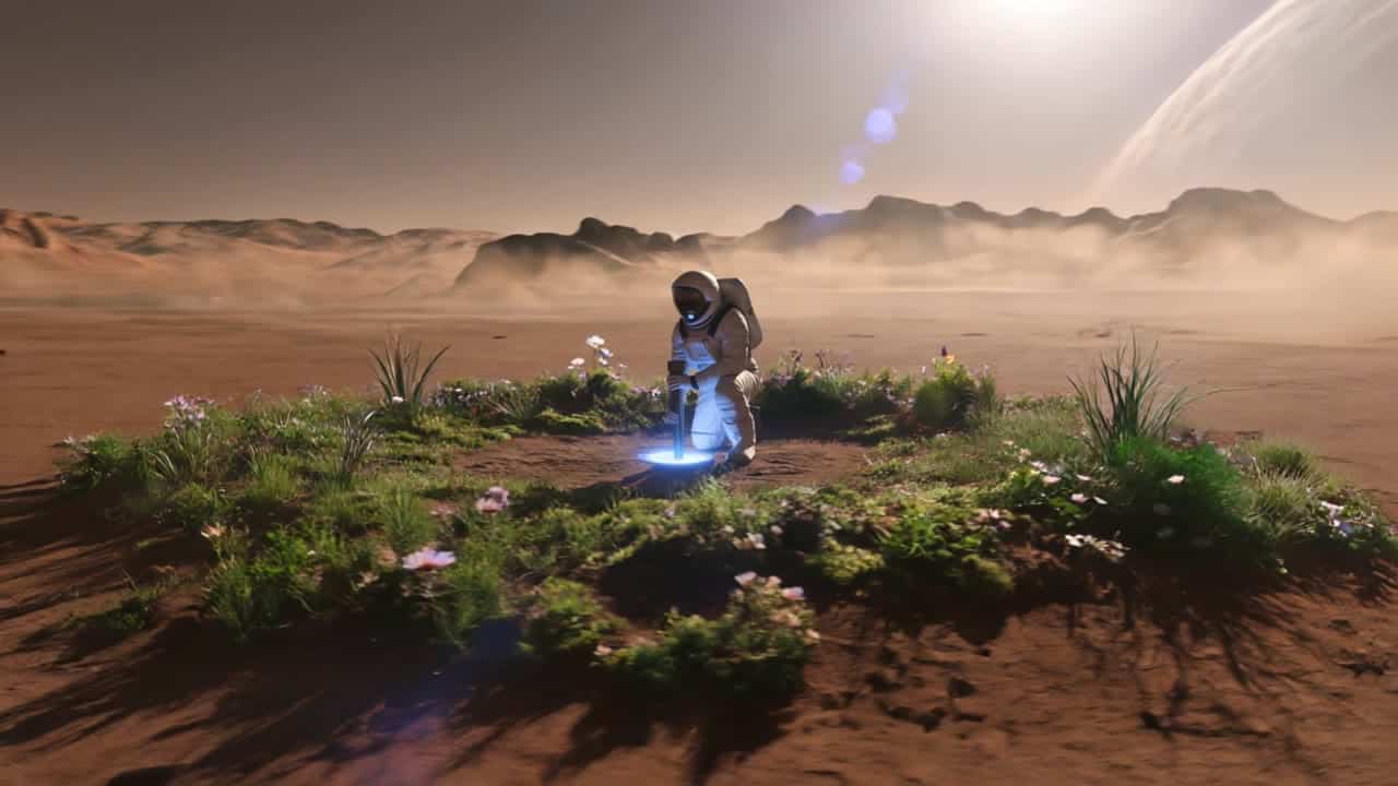 Kling 3 Pro AI video example: A cinematic ultra-realistic sci-fi shot on Mars, wide establishing shot. A lone astronaut in a detailed whi...