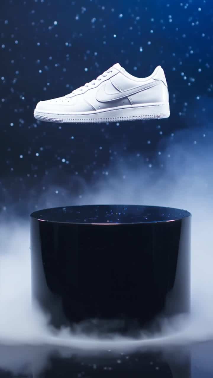 Luma Ray 2 Flash AI video example: **Scene (plain language):** A premium sneaker floats on a matte black pedestal inside a dark (product)