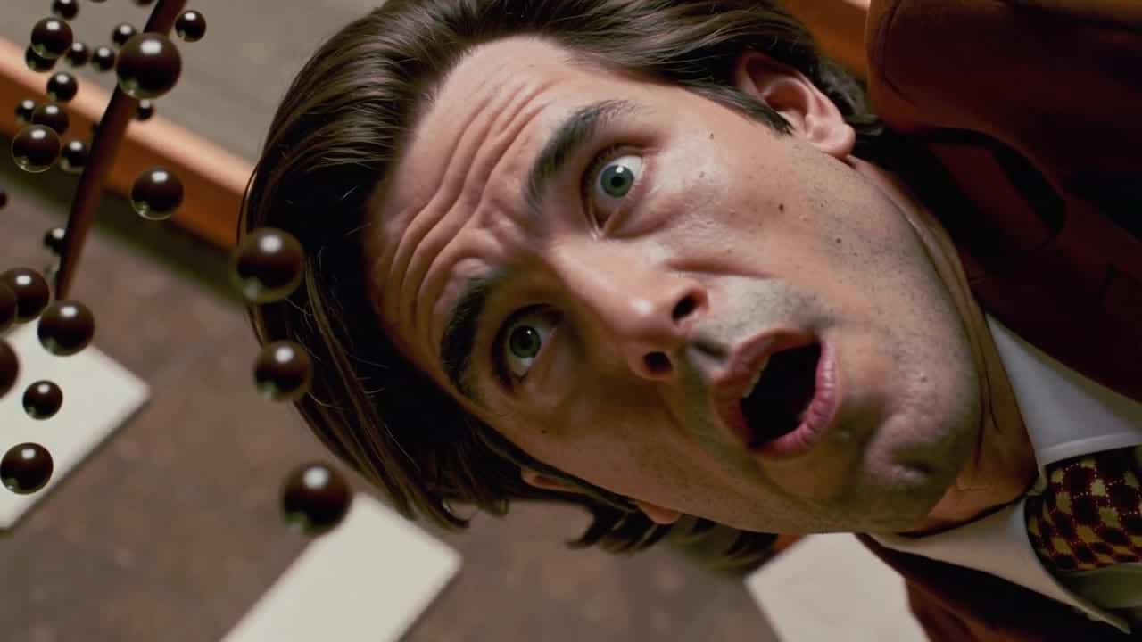 LTX 2.3 Pro AI video example: A stylized 1970s office scene frozen at the exact moment a man in a brown suit slips on a banana peel, mid...