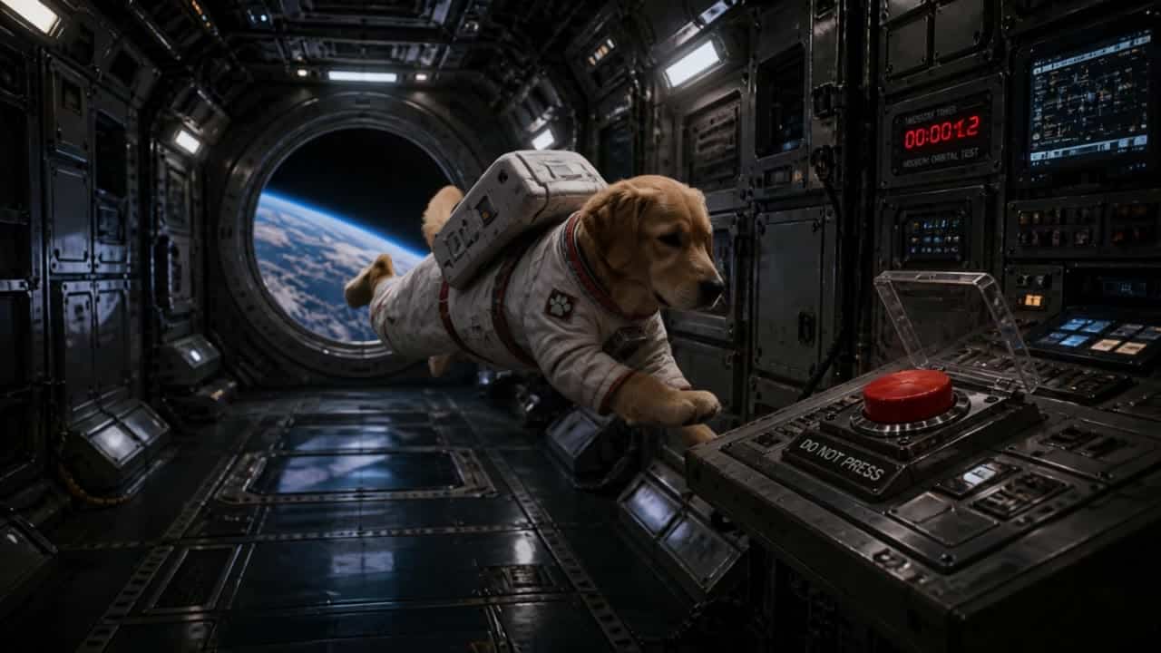 Kling 3 Standard AI video example: Scene 1: wide shot inside an orbital space station: a dog in a small astronaut suit floats near the co...
