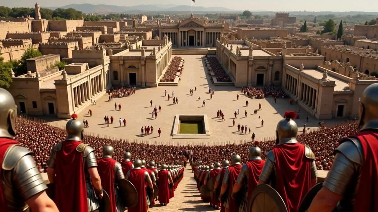 Pika 2.2 Text & Image to Video AI video example: aerial view of an antique city with roman army