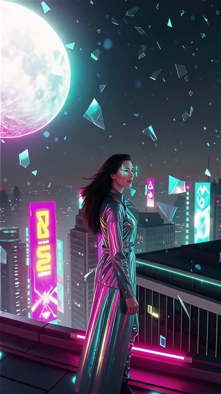 Wan 2.5 Text & Image to Video AI video example: Cinematic cyberpunk rooftop at night, vertical 9:16. A neon-lit heroine faces a glowing h...