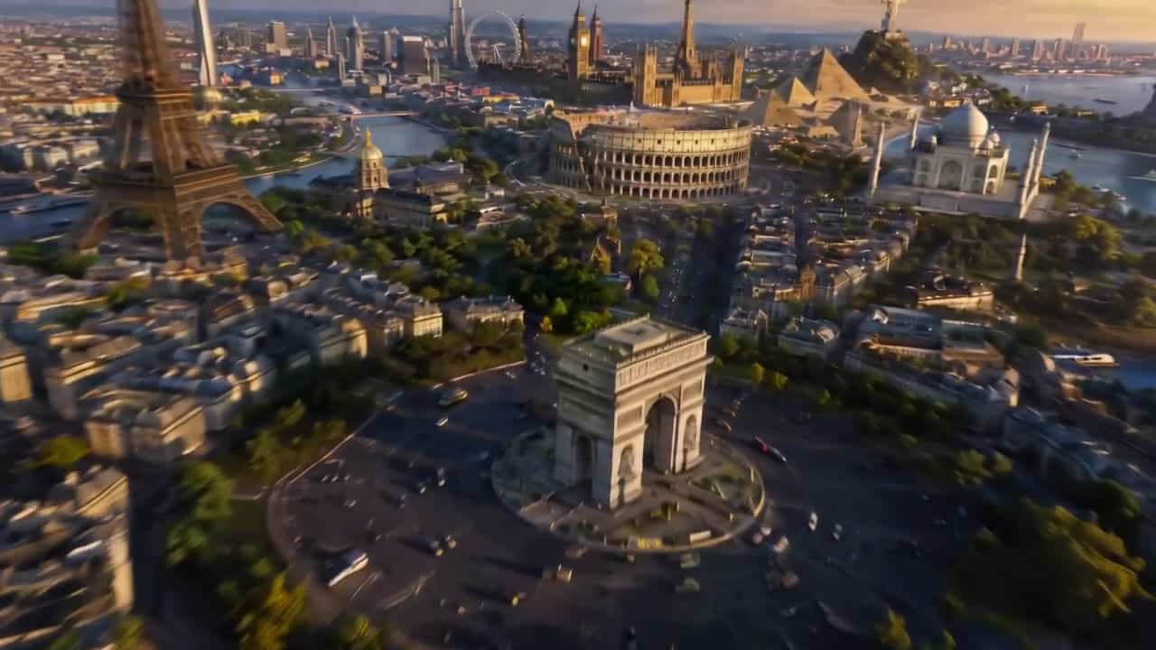 Seedance 2.0 AI video example: Ultra-realistic cinematic FPV drone flight over a surreal mega-city containing world-famous landmarks. Use...
