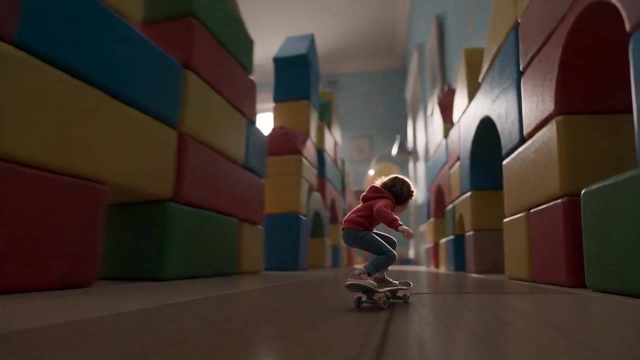 Dreamina Seedance 2.0 Mini AI video example: On the floor of a children’s bedroom, a tiny girl rides a miniature skateboard at extreme sp...