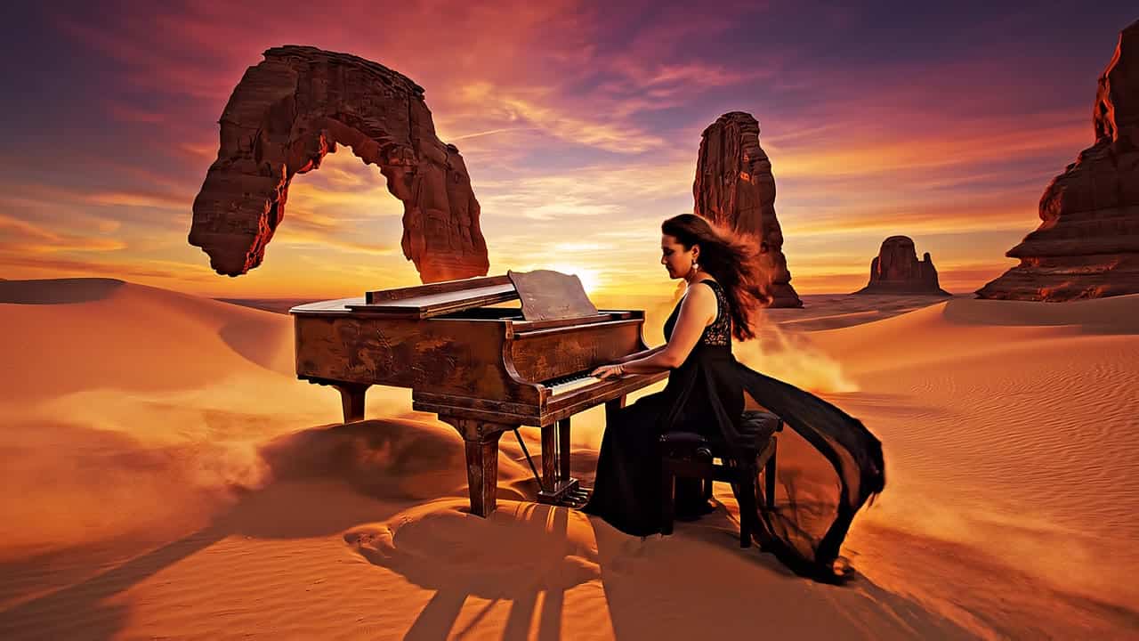 Google Veo 3.1 AI video example: A woman in an elegant black dress plays an old grand piano in the middle of a vast orange desert at suns...