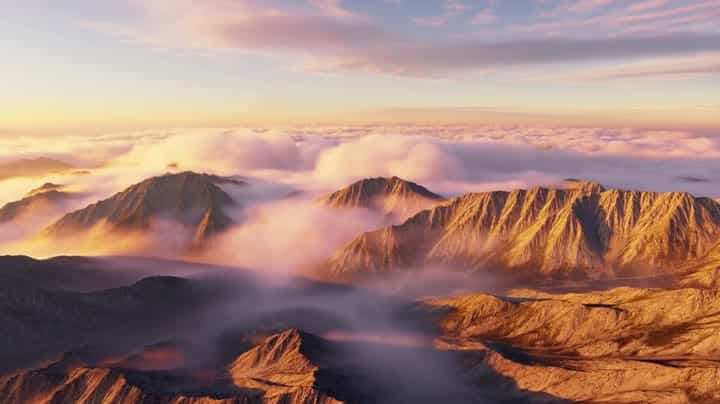 MiniMax Hailuo 02 Standard AI video example: Sweeping aerial view of a mountain range at golden hour, voluminous clouds drifting between...