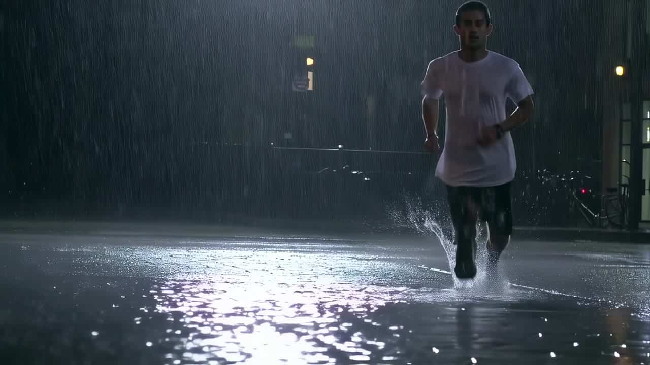 Luma Ray 2 AI video example: Wide 16:9 cinematic action shot, a runner sprints through a rainy city street at night, water splashes reali...