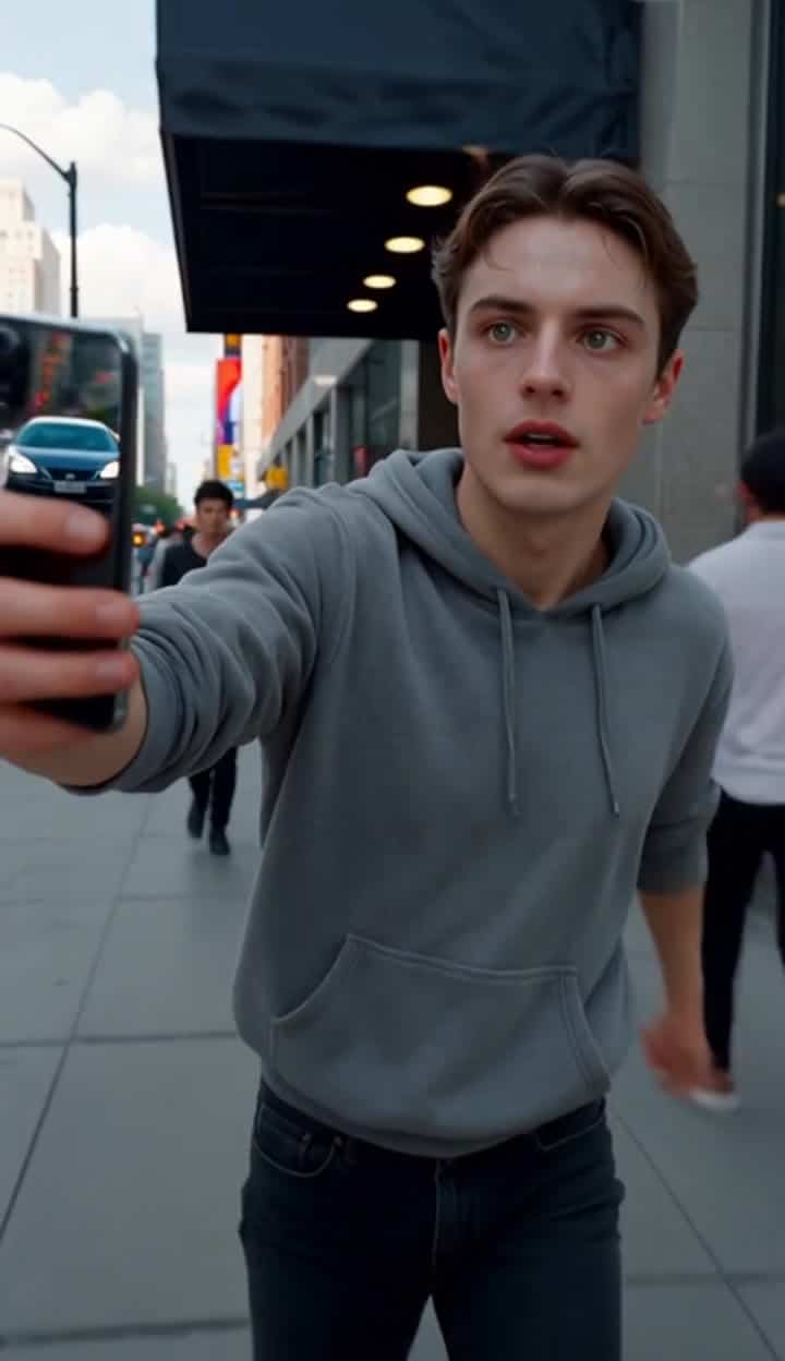Wan 2.5 Text & Image to Video AI video example: Ultra-realistic walking selfie shot filmed with a smartphone held in one hand. The person...