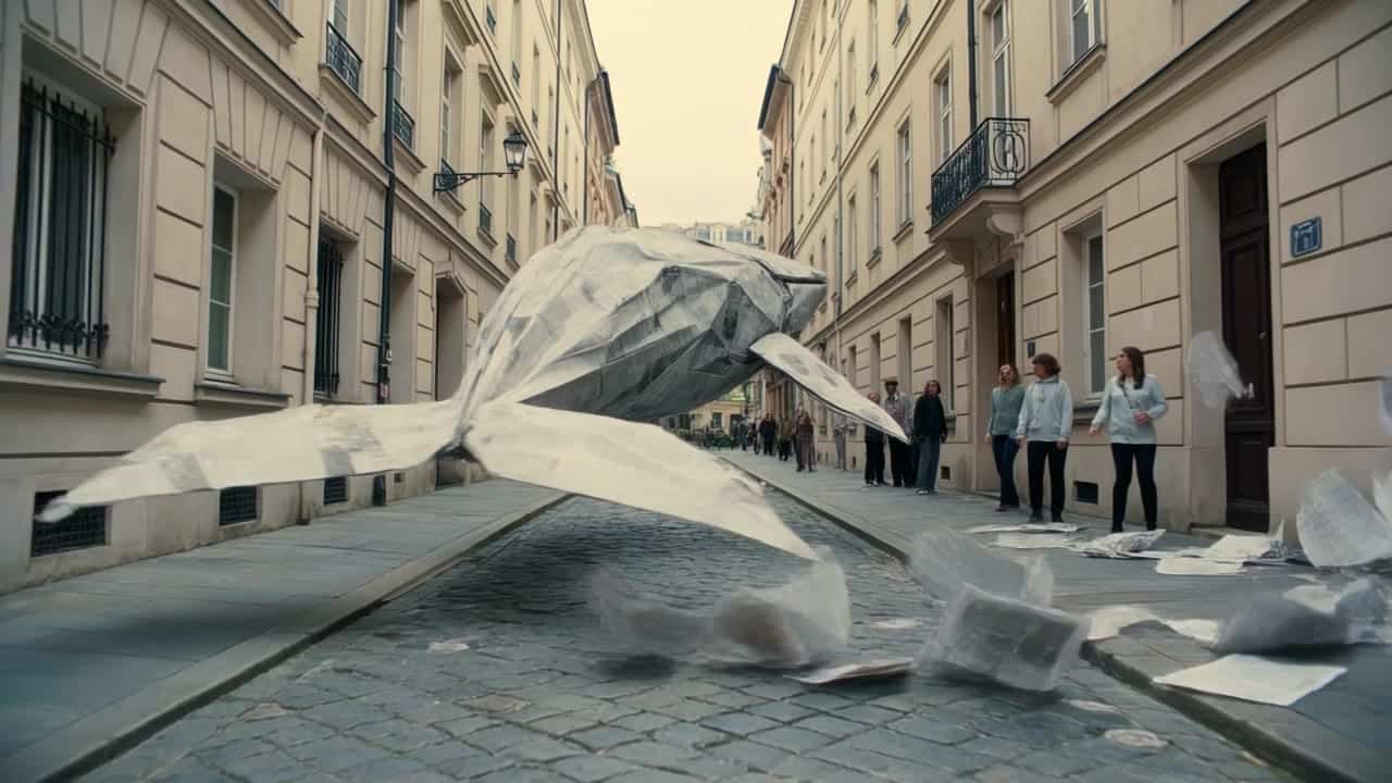 Kling 3.0 Omni Standard AI video example: Subject: A giant origami whale made of folded newspaper, gliding through a dry European street...
