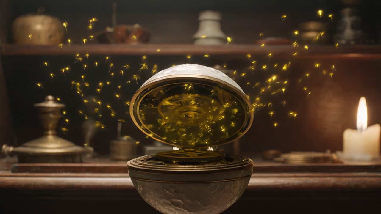 Kling 3.0 Omni 4K AI video example: Subject: A handmade mechanical moon, brass and porcelain, floating above an old clockmaker’s workbenc...