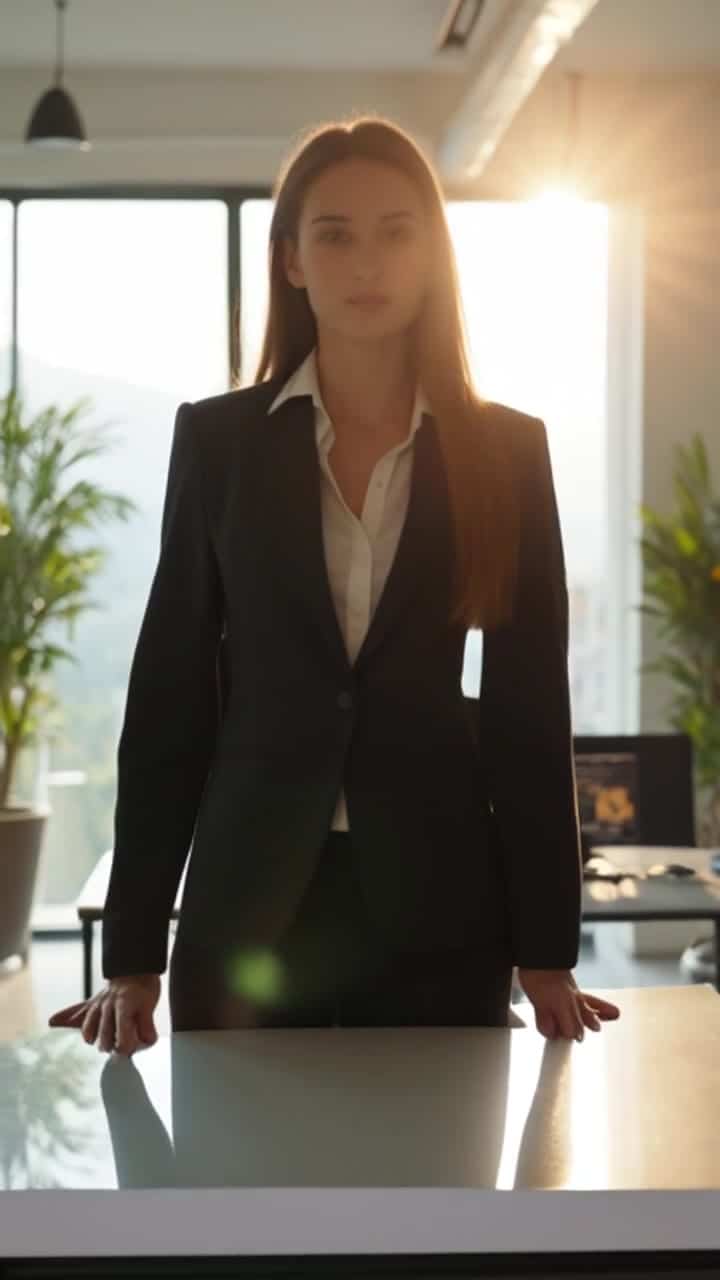 Pika 2.2 Text & Image to Video AI video example: A mid-shot of a young professional woman in a modern office, soft morning light through...
