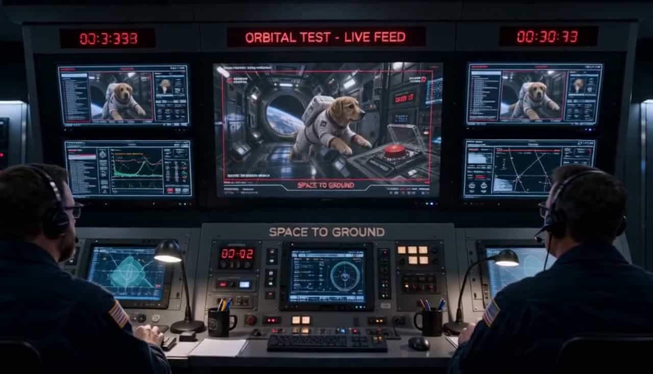 Seedance 2.0 Fast AI video example: Scene 1: wide shot inside an orbital space station: a dog in a small astronaut suit floats near the c...