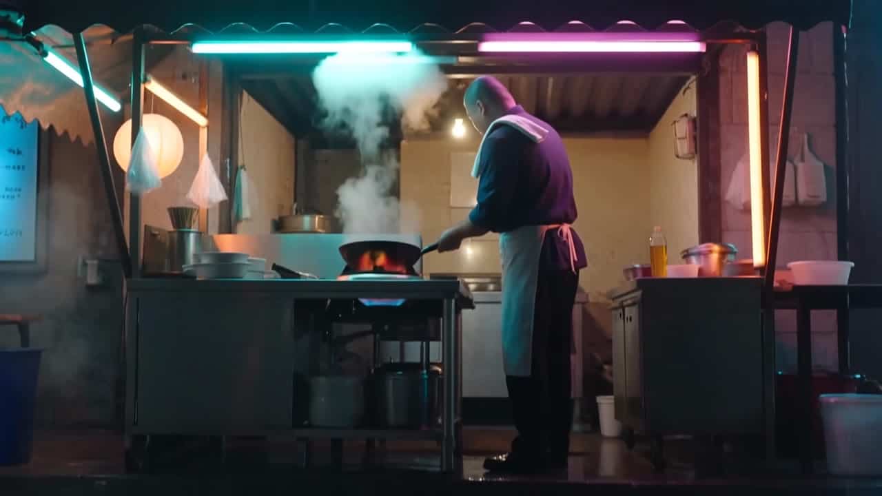 Happy Horse 1.1 AI video example: Four-shot energetic studio food-film sequence in a small night market noodle stall after rain. Shot 1...