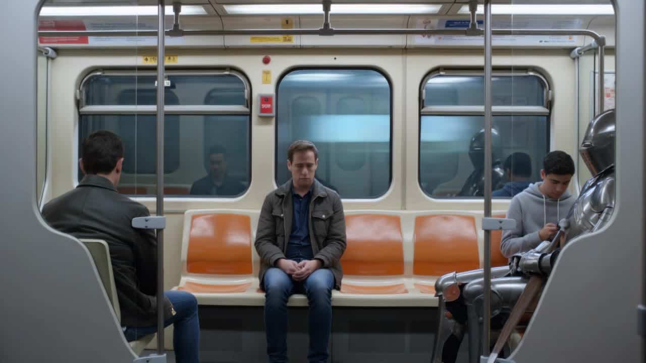 Kling 3 Standard AI video example: A realistic 10-second visual comedy video inside a modern Paris metro train. Character: A medieval kni...