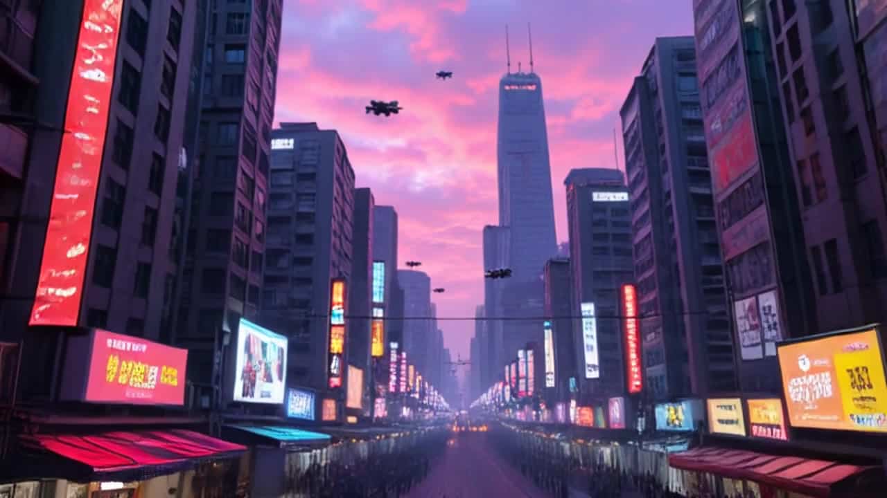Pika 2.2 Text & Image to Video AI video example: Futuristic cityscape at dusk, skyscraper lights turning on, flying vehicles in motion, c...