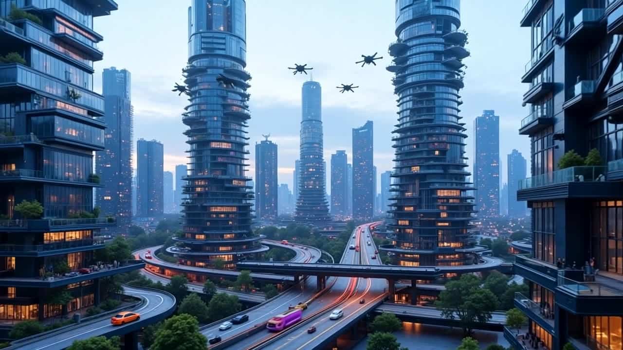 Pika 2.2 Text & Image to Video AI video example: donc view of futuristic city