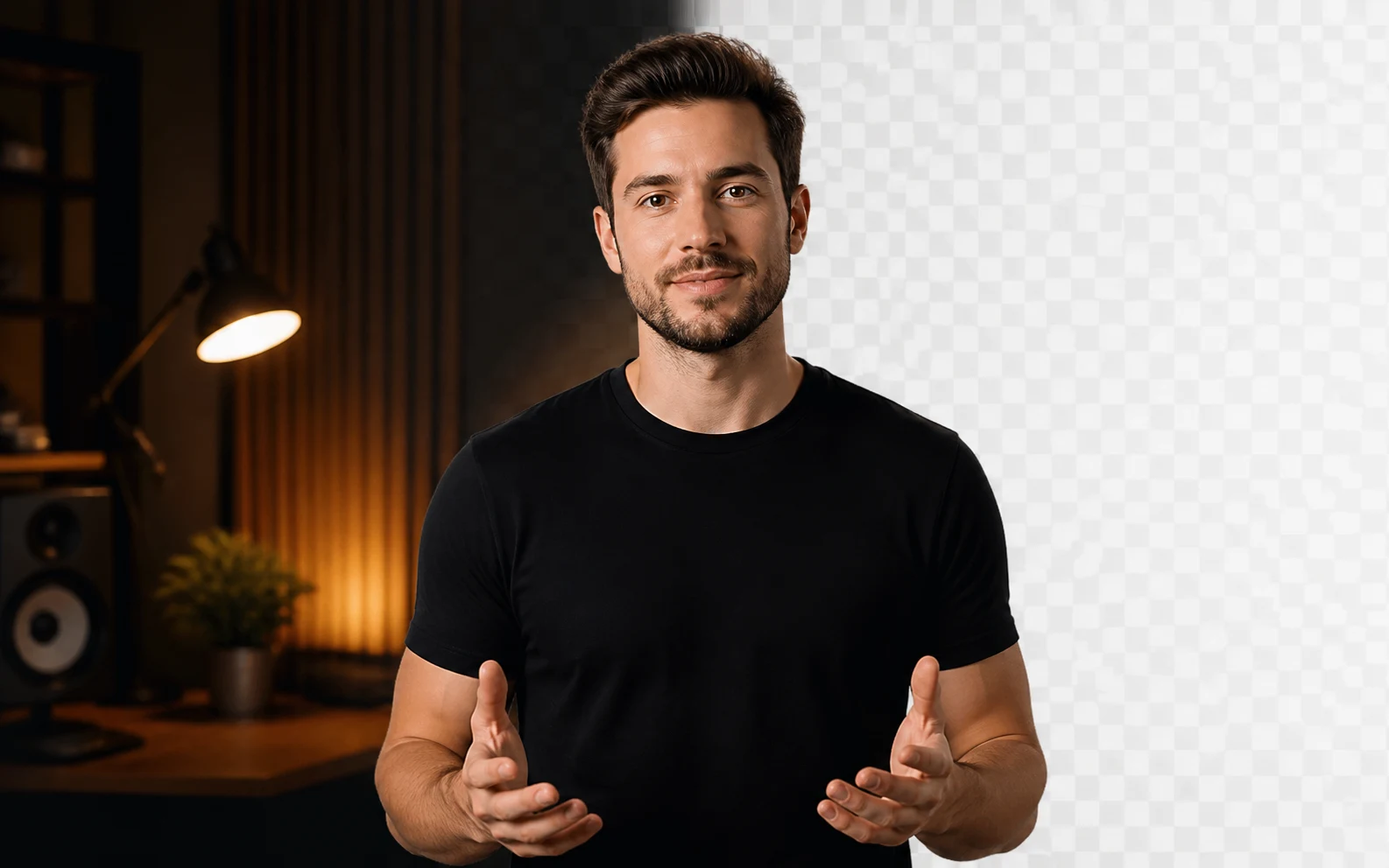 Before and after video background removal preview with a presenter isolated on a transparent-style background.