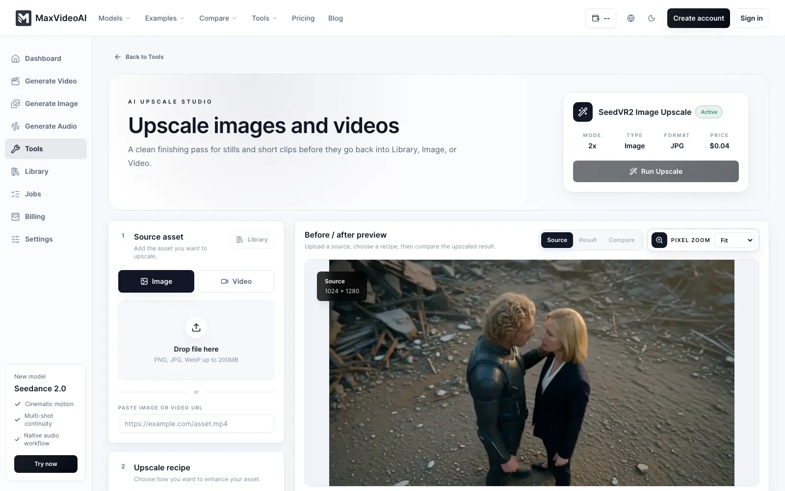 AI image and video upscale before and after preview.